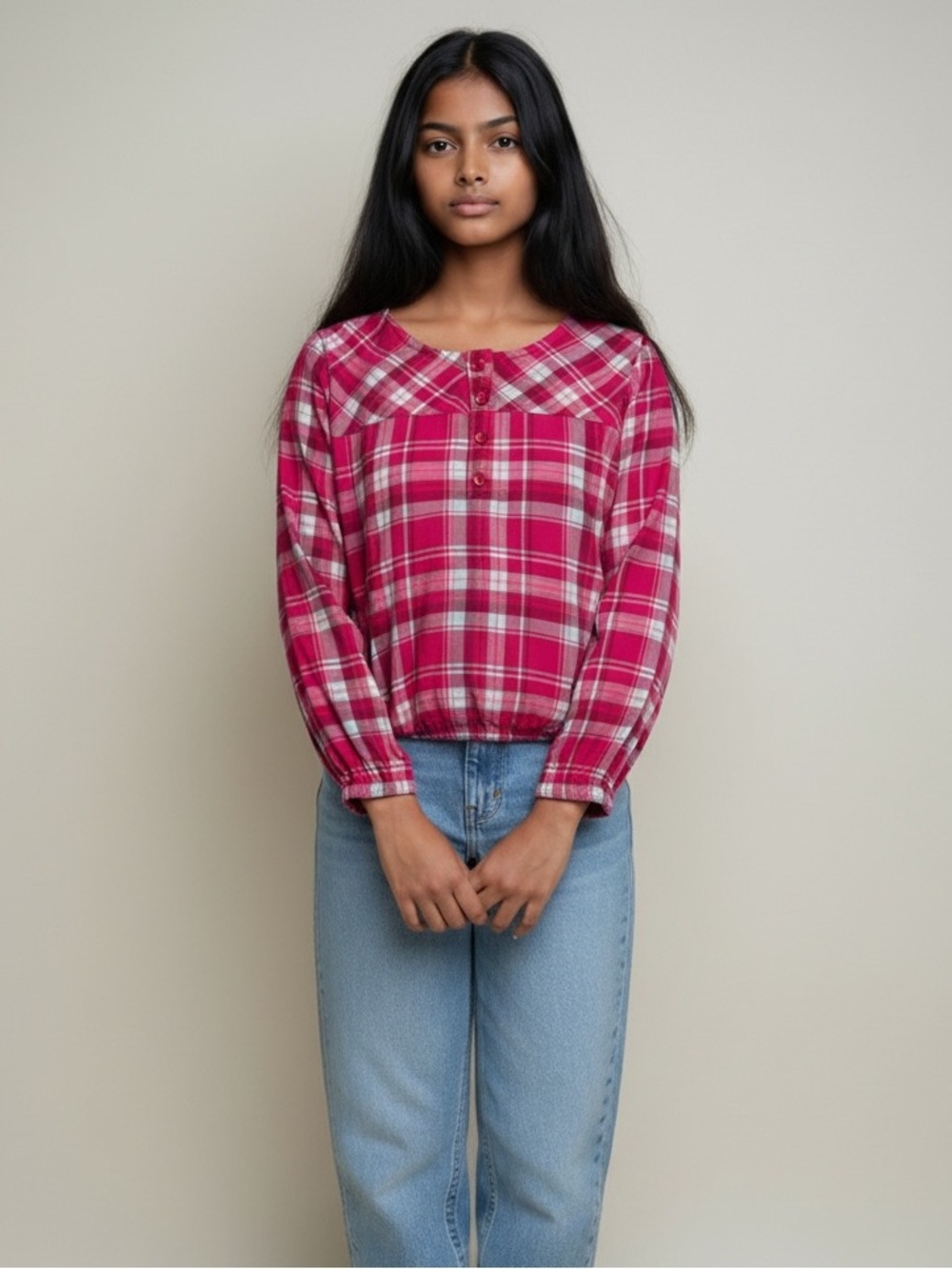 Girls L.L. Bean Pink Plaid Long Sleeve Cotton Shirt W/ Elastic Bottom Size 8